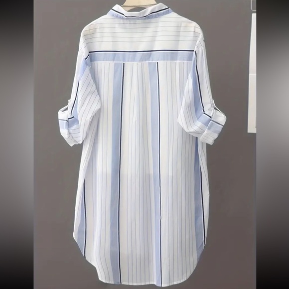 Striped Blouse with Lapel Neck - Long Sleeve Button-Down & Front Pocket Design - Picture 3 of 9